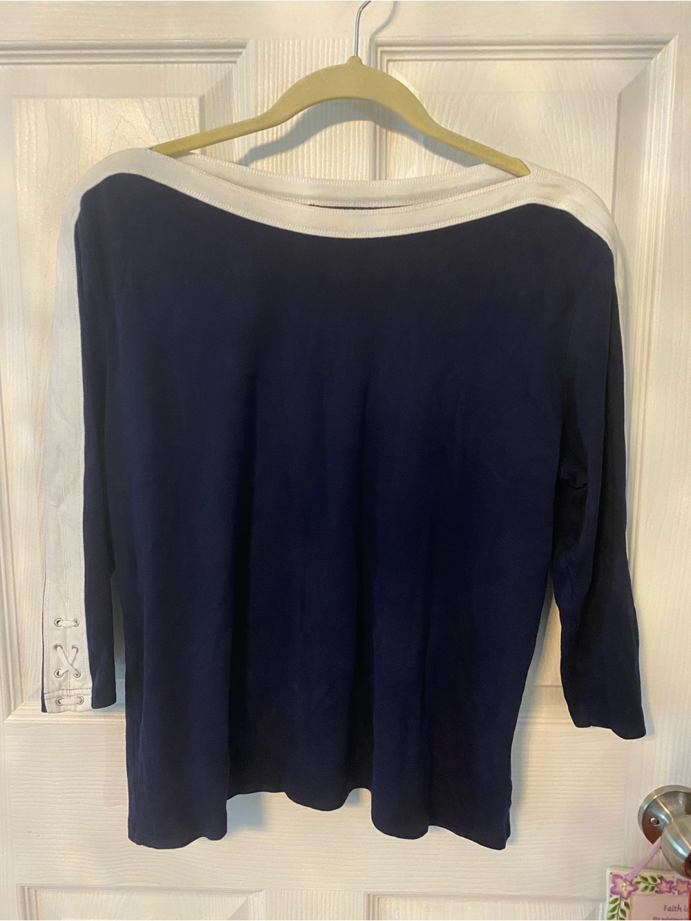 Chaps Navy 3/4 length Sleeve Boatneck Top with White Trim